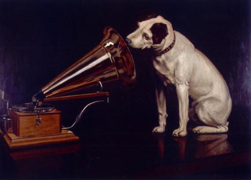 This dog knows how to make the phonograph feel heard. Good deep listening, pooch. Image courtesy of Wikipedia.